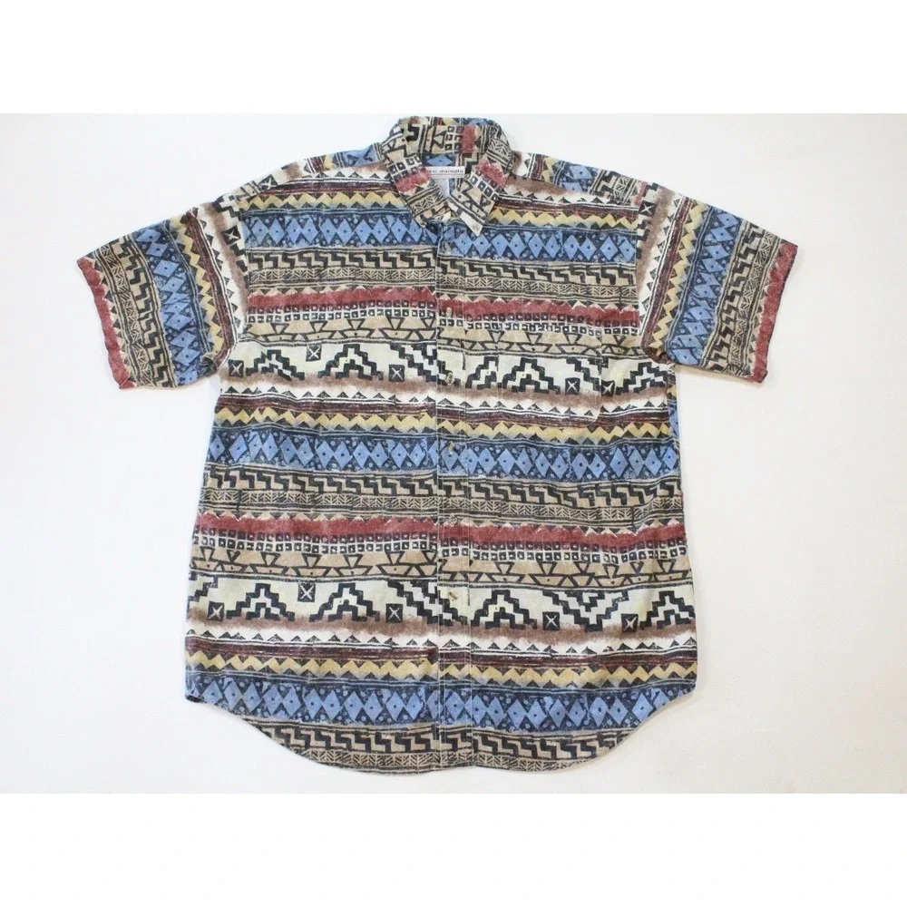 Vintage 90s Marc Daniels Tribal Aztec Print Shirt Men's Size L Short sleeves